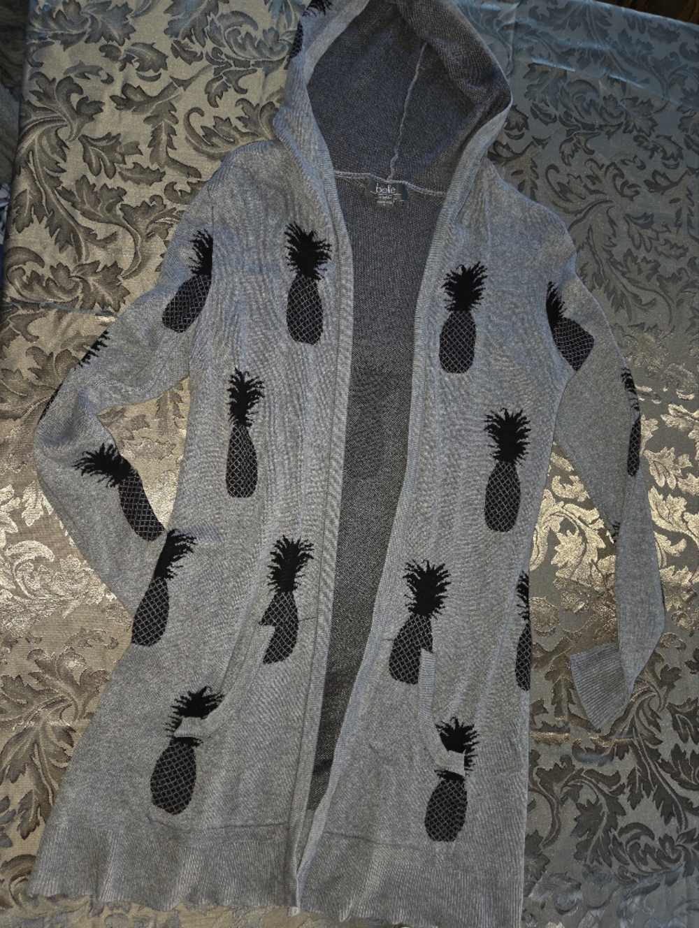 Belle By Belldini Gray Hooded Cardigan with Black Pineapple Motif